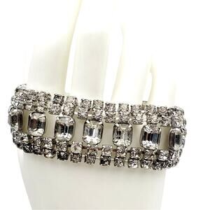 Vintage Clear Rhinestone Bracelet Wide Emerald Baguette Tennis Statement Glamour